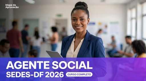 Capa do curso Agente Social SEDES-DF 2026 — 938p de apostilas densas + 3 simulados (180q) + Audiobook Bia + Minha Banca (IA que avalia sua redação)