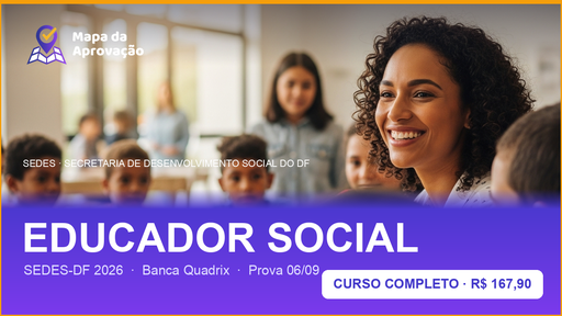 Capa do curso Educador Social SEDES-DF 2026 — Curso Completo: Apostilas Aprofundadas + Simulados Comentados + Audiobook + MentorIA + Minha Banca (IA que corrige redação)