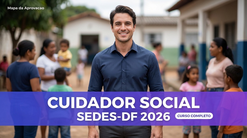 Cuidador Social SEDES-DF 2026 — 995p de apostilas densas + 3 simulados (180q) + Audiobook Bia + Minha Banca (IA que avalia sua redação)