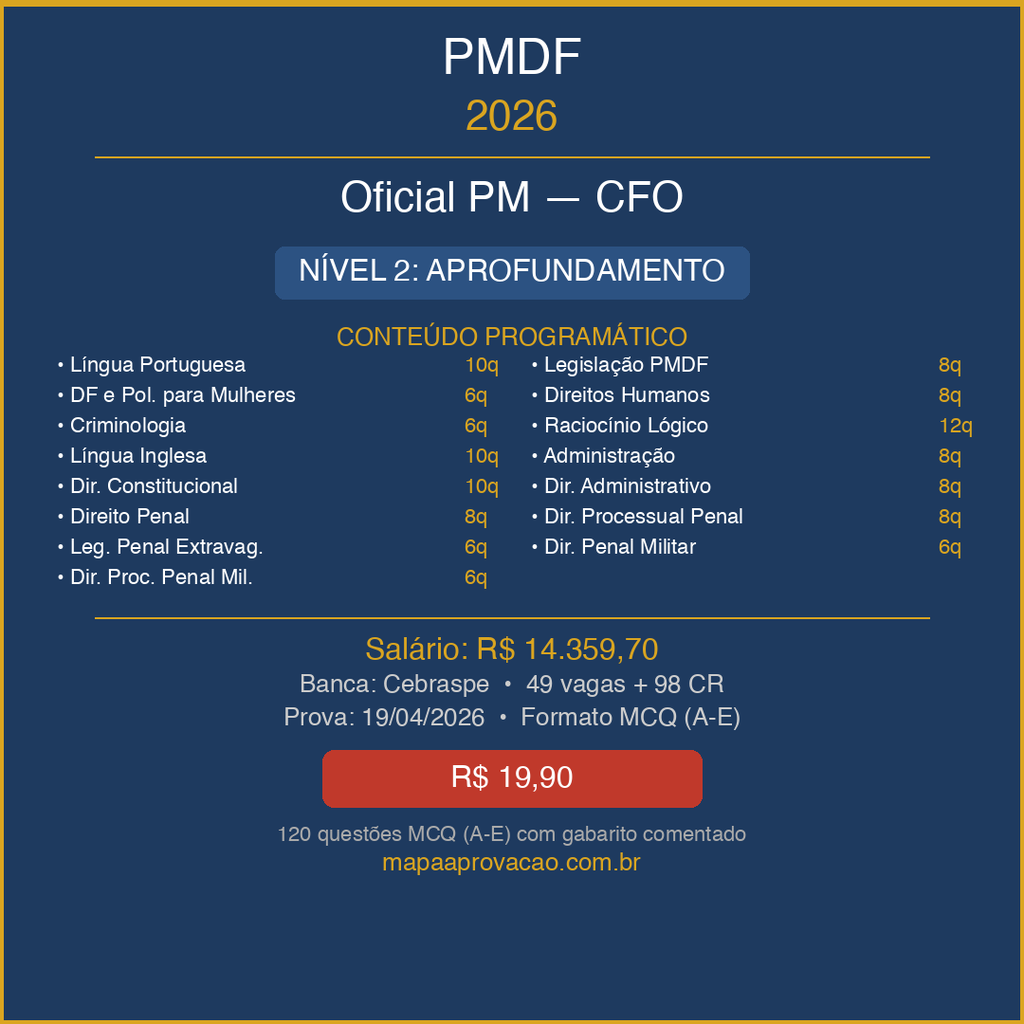 Oficial PM CFO PMDF 2026 — Avançado: Simulados + PDFs (R$ 29,90)