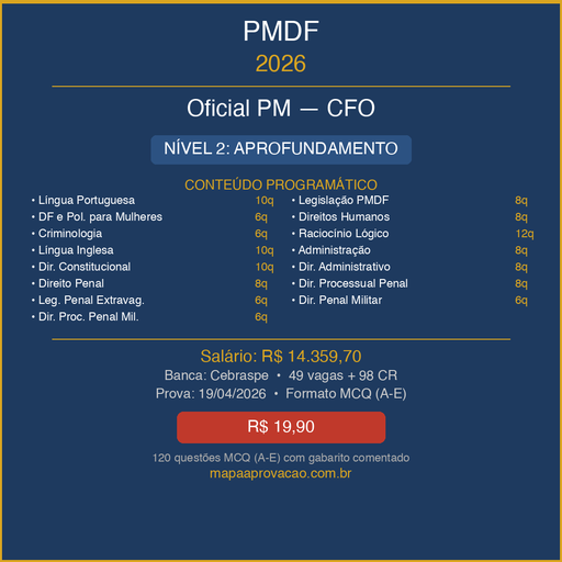 Oficial PM CFO PMDF 2026 — Avançado: Simulados + PDFs (R$ 29,90)