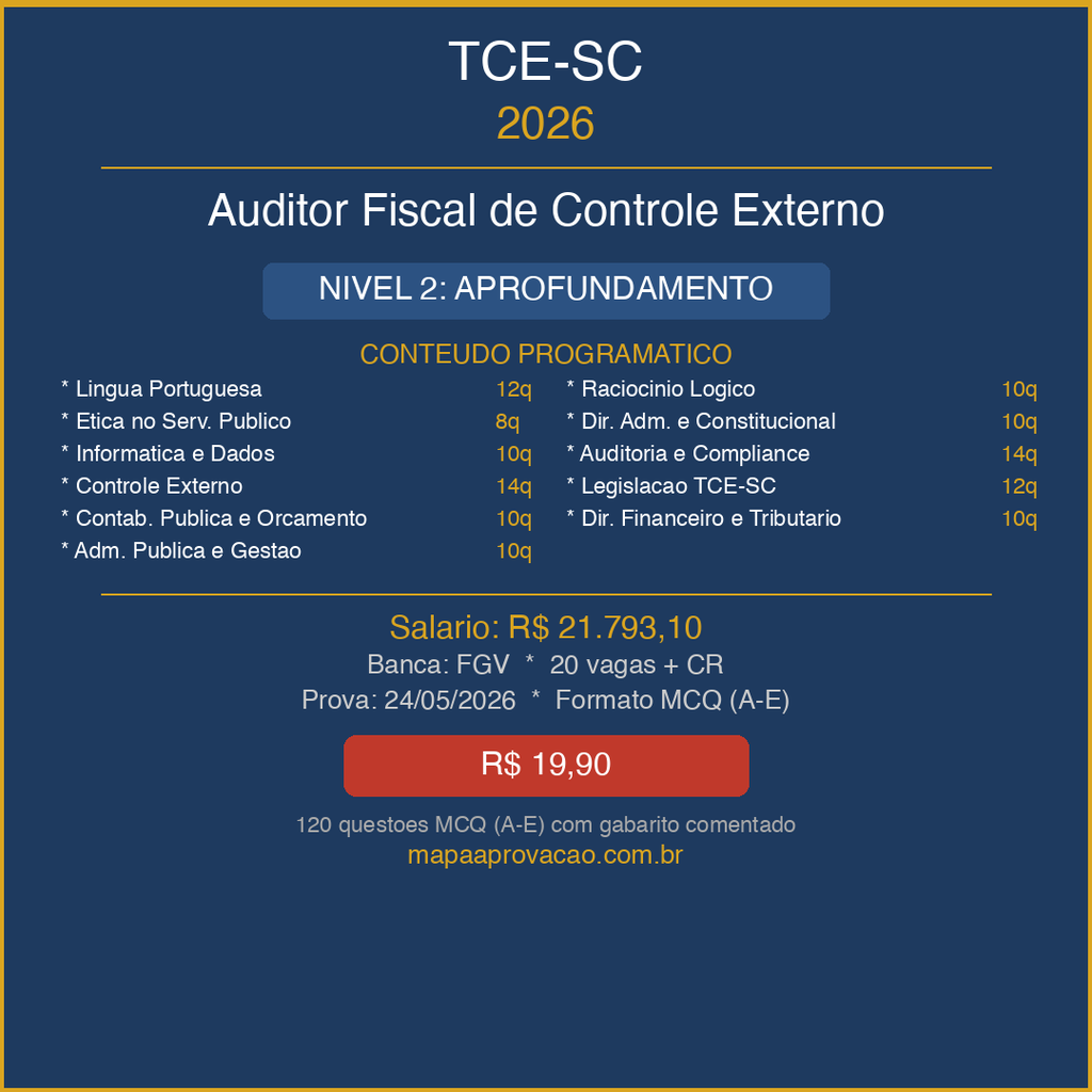 Auditor Fiscal TCE-SC 2026 — Avançado: Simulados + PDFs (R$ 29,90)