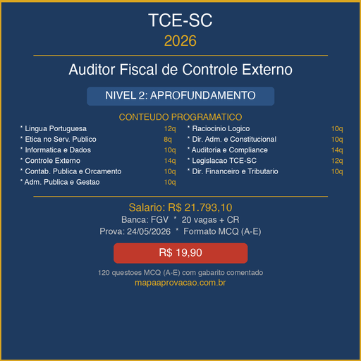 Auditor Fiscal TCE-SC 2026 — Avançado: Simulados + PDFs (R$ 29,90)